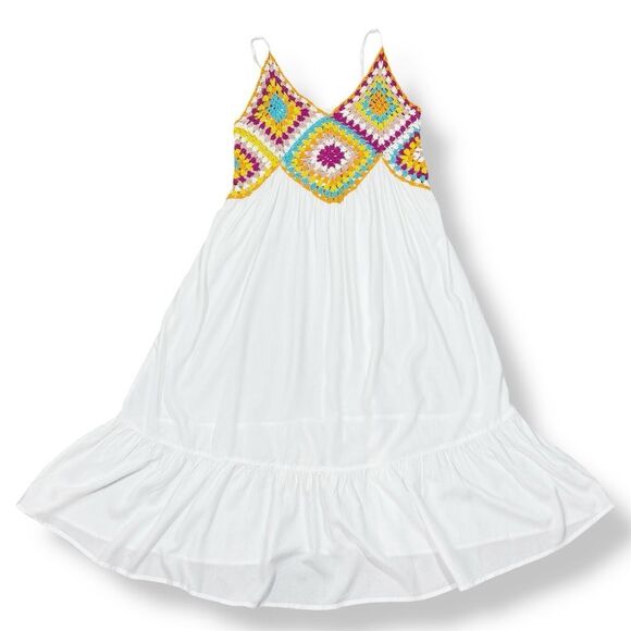 Raviya Crochet Bodice Top Tiered Boho Midi Dress Cover Up White Multi Medium - Picture 13 of 13